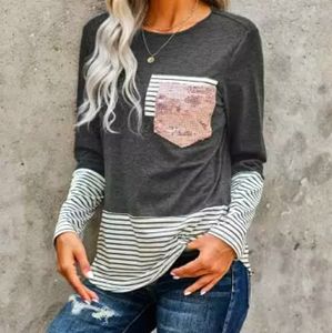 NEW item! 1 left!Stripe pocket sequin splicing top